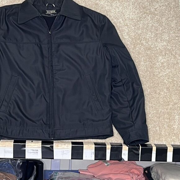 Guess Mens Black Fleece Lines Windbreaker‎ Jacket Medium - Picture 3 of 8